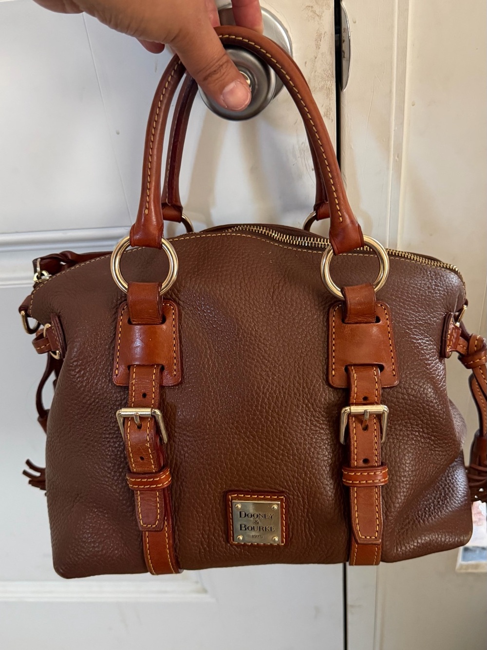 Dooney & Bourke Dillen II Brown Pebble Leather Satchel with British Tan Trim